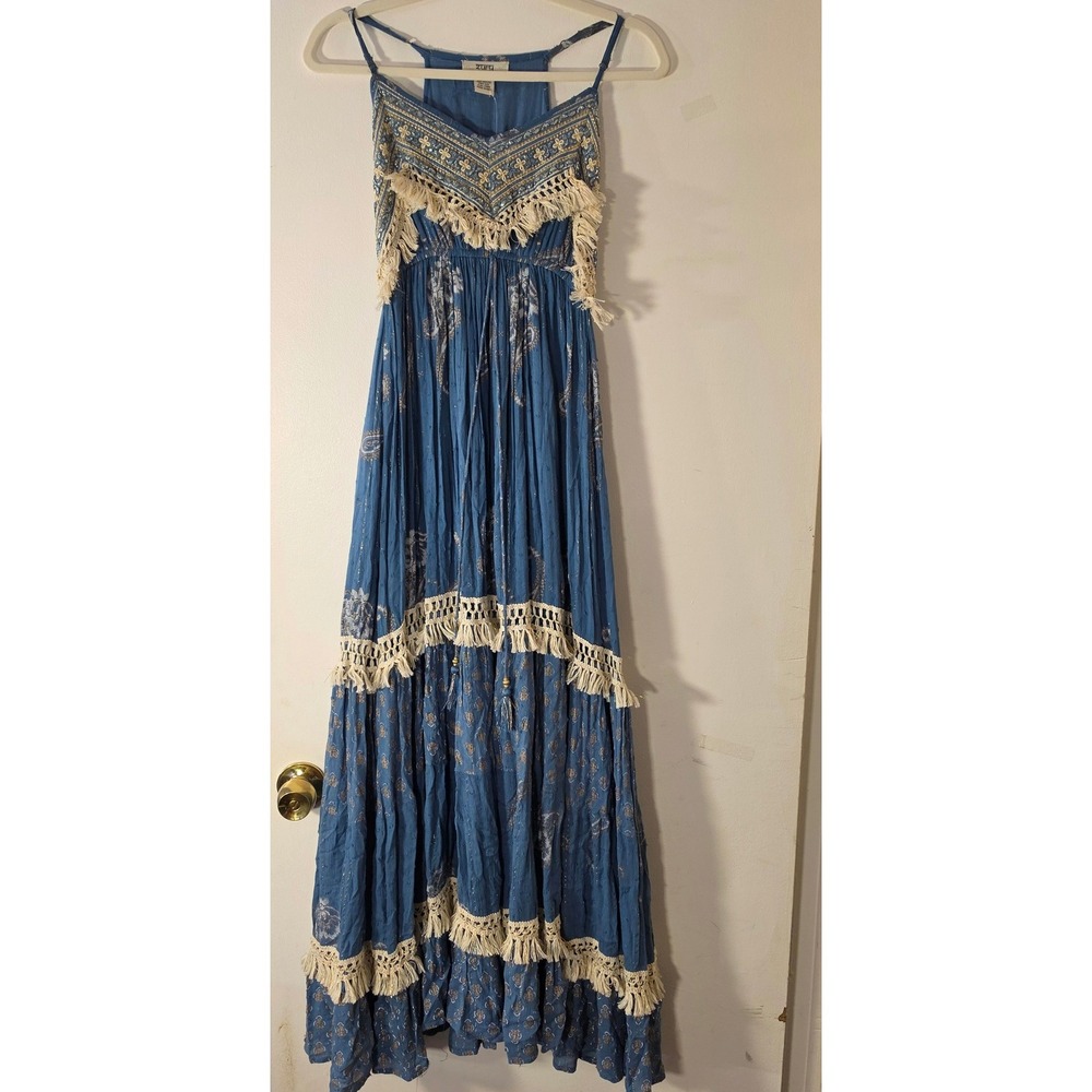 Zury Blue Boho Maxi Dress Gold Embroidery Fringe Tassel Tiered Free Size NWT